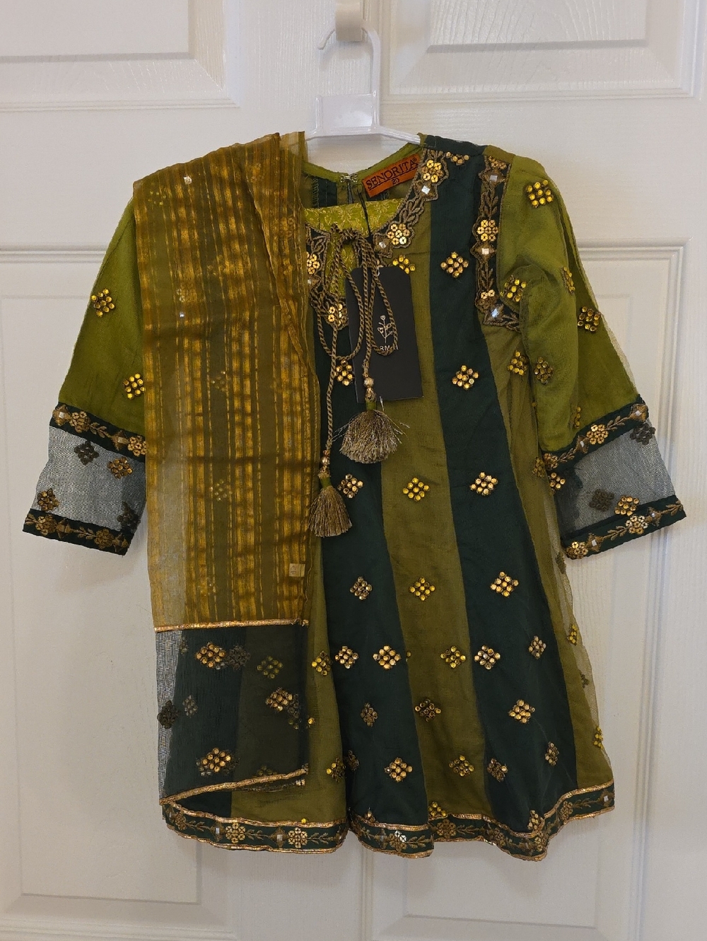 NEW Green Olive Kurta Dress 3pc Tassel Dupatta Toddler 2 To 3 Year Old